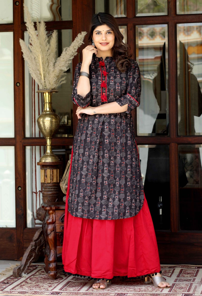 Miravan Black Printed Kurta with Red Skirt Set for Women - Image 1